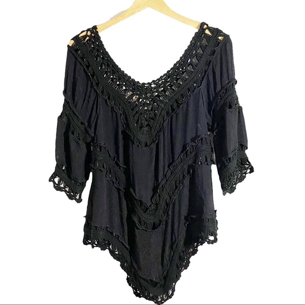 Vivid Importers Of New York Black Lace/Crochet Open Weave Boho Tunic/Coverup, SM